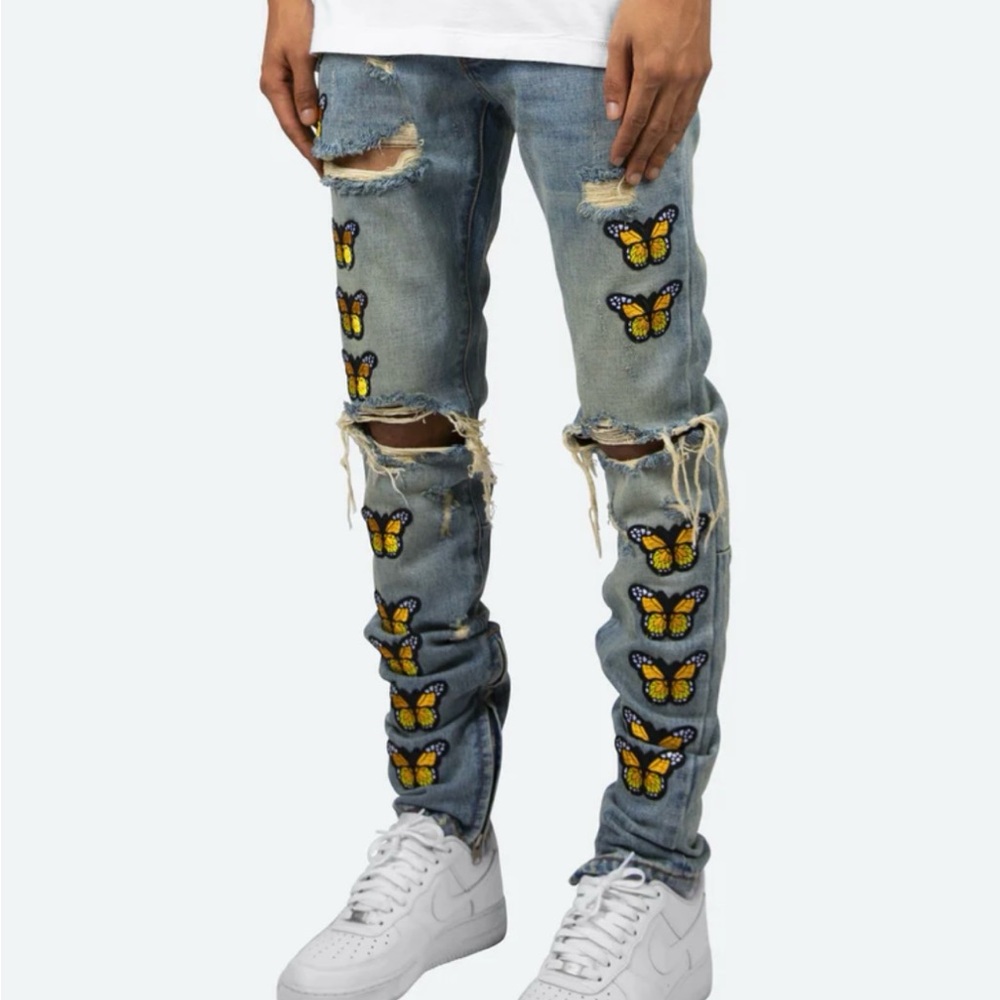 MNML Butterfly Denim “Mariposa Madness" Streetwear ripped cotton jeans size 34